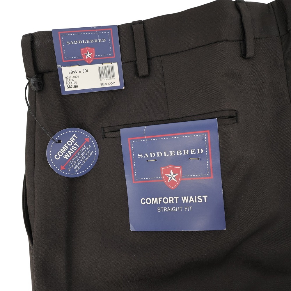 NEW Saddlebred Dress Pants Black Comfort Waist Pleated Straight Fit Mens 38x30